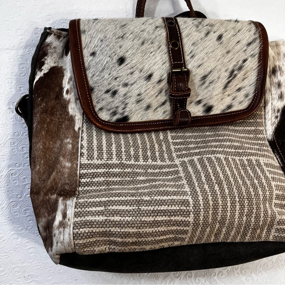 Myra Bag Handmade Crossroads Backpack Upcycled Canvas Cowhide Leather Patchwork - Picture 3 of 16